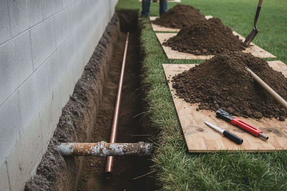 Excavated water line trench during Sewer Line Repair in Lilesville